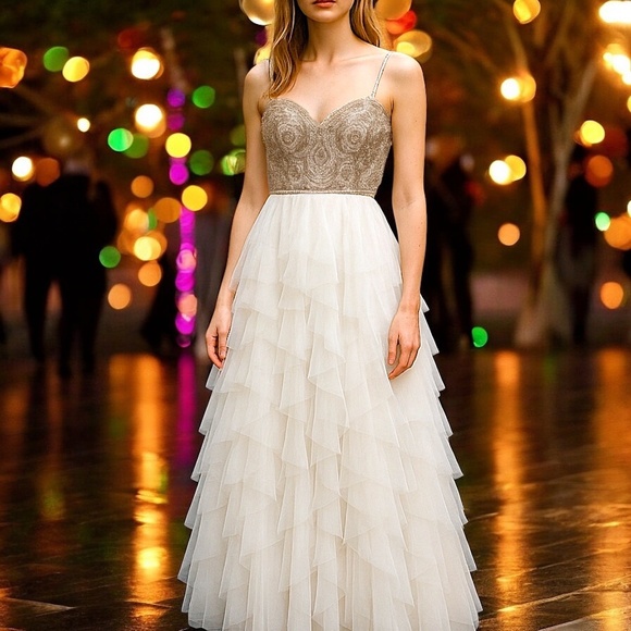 City Triangles Dresses & Skirts - Say Yes to the Prom Juniors Embellished Strapless Cascade Gown Ivory Gold  SZ 7